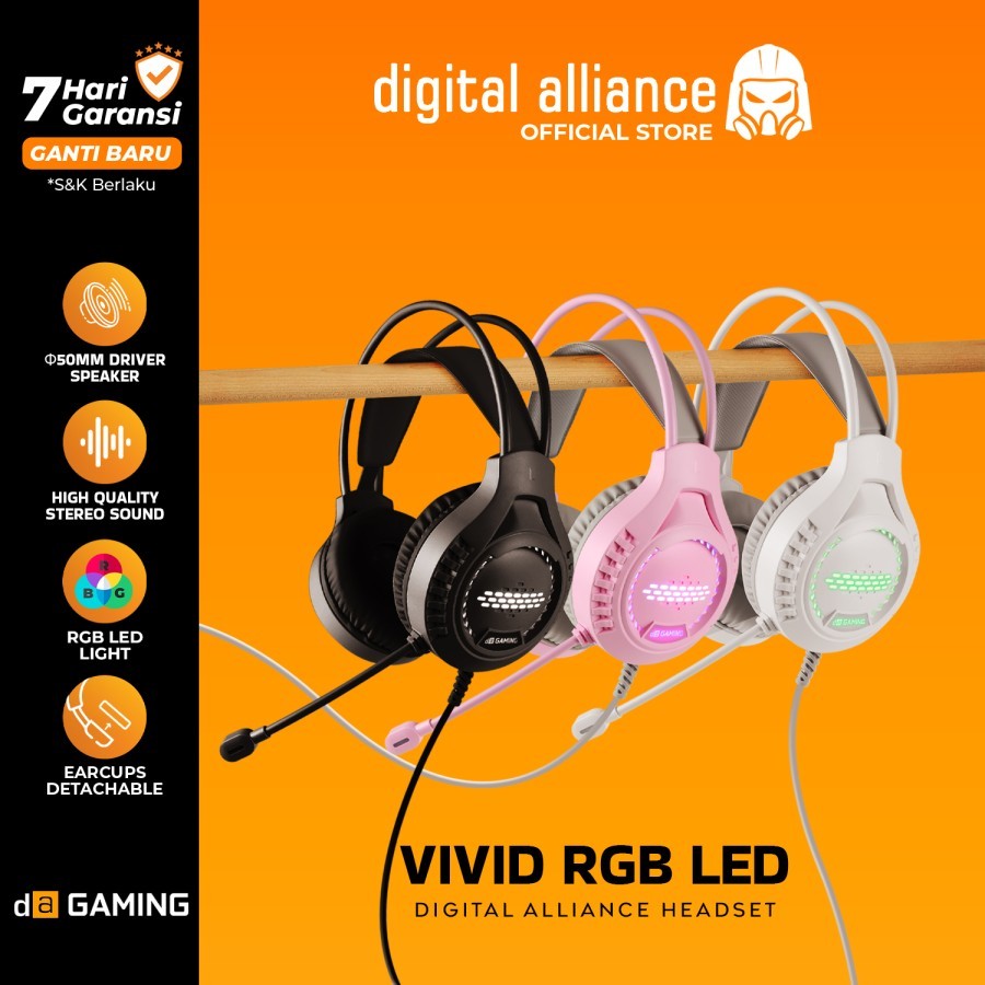 Headset Gaming Digital Alliance RGB USB 3.5mm Stereo Mobile PC Vivid